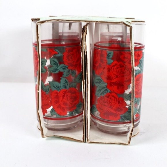 Vintage Crisa Red Roses Green Leaves Tumblers Set Of 4 16 OZ NEW - Picture 5 of 7